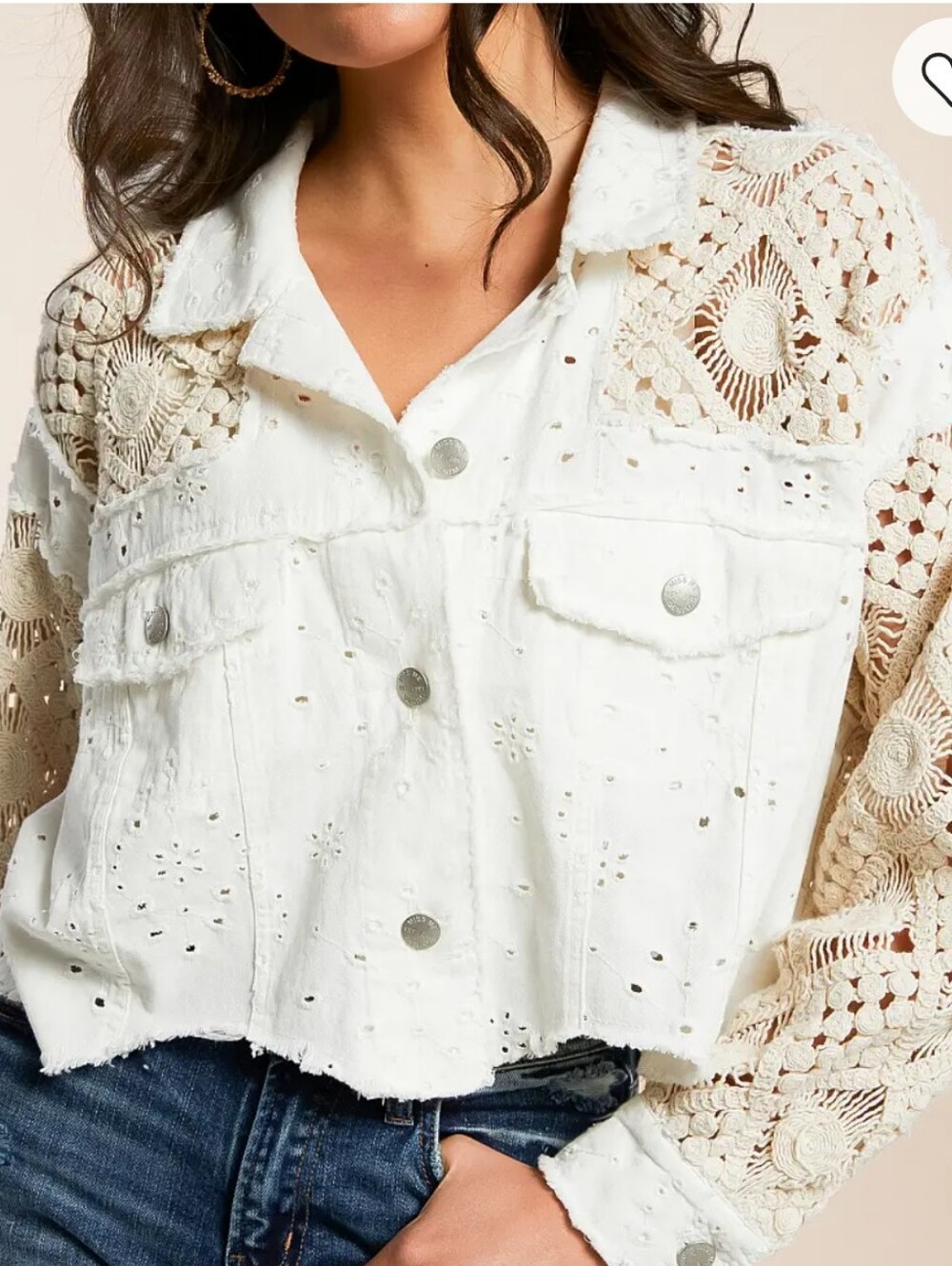 Miss Me Buckle White Eyelet Denim Jacket with Crochet Lace Sleeves_S